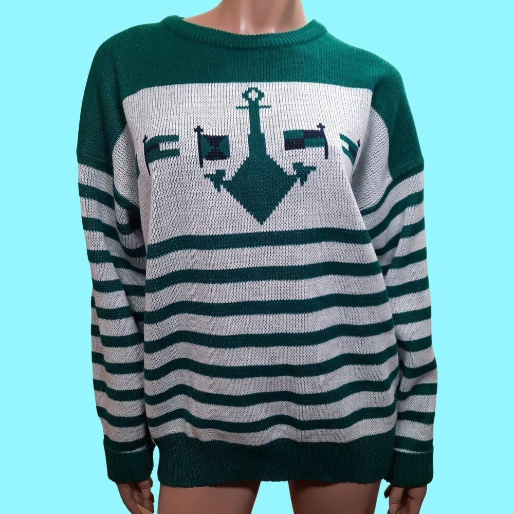 Vintage 80s Nautical Anchor Sweater Womens XL Striped Teal Crew Neck Pullover